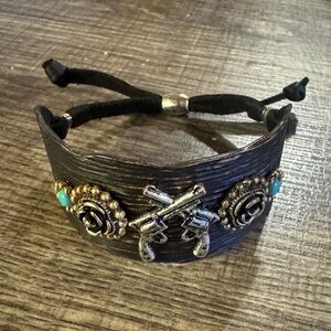 Western Style Black Bronze Copper Metal Cuff Bracelet w/ Turquoise & Rose Studs
